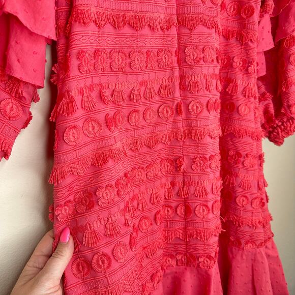 Alexis Calypso Ruffled Off Shoulder Rouge Coral Pink Embroidered Mini Dress XS - Picture 11 of 16